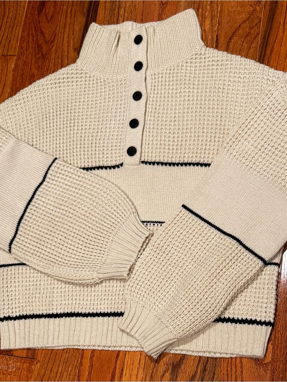Cupshe Cream Knit Collared Button Cowl Sweater with Black Stripes - Picture 3 of 5